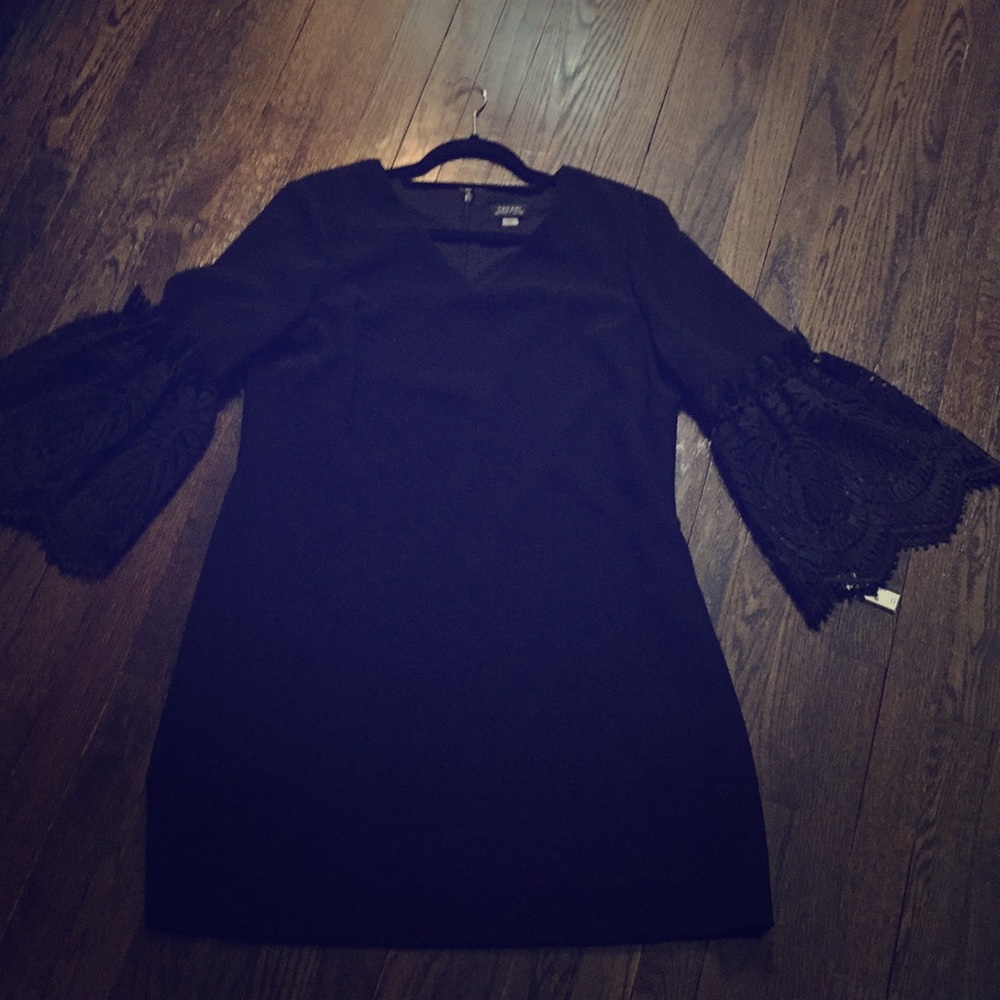 Tahari black cocktail dress with lace sleeves